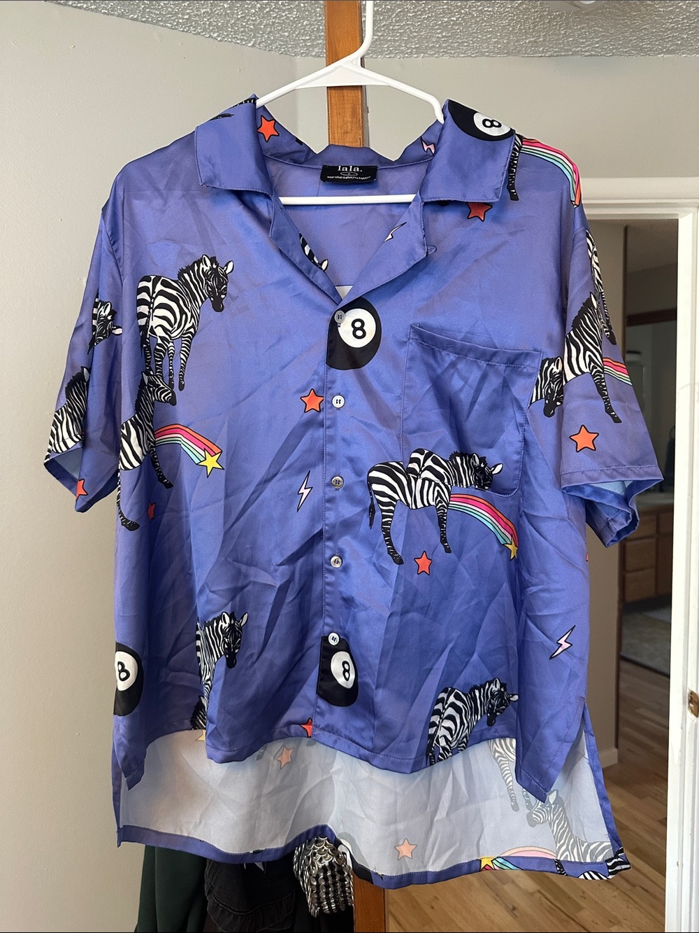 Dressed in LALA Blue Zebra Print Shirt with Rainbow & 8-Ball Motifs